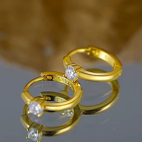 Gold Diamond Huggie Hoop Cubic Zircon Minimalist Earrings - Picture 2 of 10